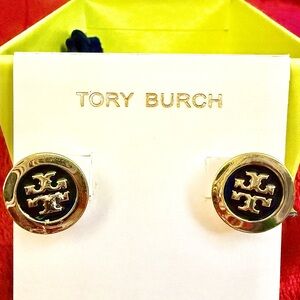 NWOT- Tory Burch Gold and Navy Logo Earrings